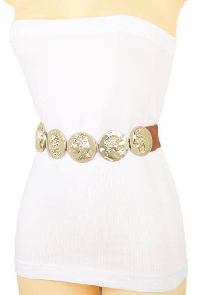 Brand New Women Brown Elastic Band Belt Gold Metal Greek Coin Medallion Charm Fit Size S M