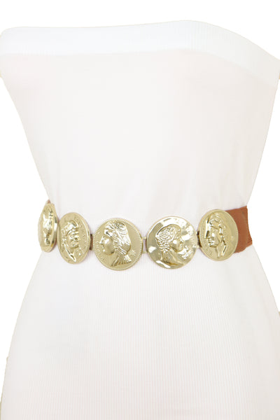 Brand New Women Brown Elastic Band Belt Gold Metal Greek Coin Medallion Charm Fit Size S M