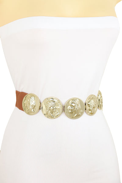 Brand New Women Brown Elastic Band Belt Gold Metal Greek Coin Medallion Charm Fit Size S M