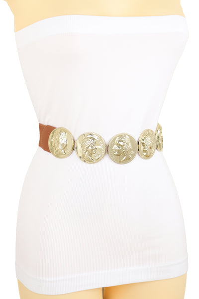 Brand New Women Brown Elastic Band Belt Gold Metal Greek Coin Medallion Charm Fit Size S M