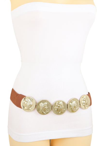 Brand New Women Brown Elastic Band Belt Gold Metal Greek Coin Medallion Charm Fit Size S M