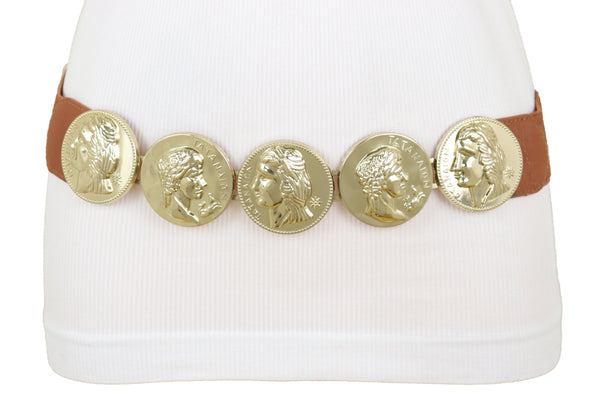 Brand New Women Brown Elastic Band Belt Gold Metal Greek Coin Medallion Charm Fit Size S M