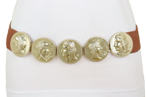 Brand New Women Brown Elastic Band Belt Gold Metal Greek Coin Medallion Charm Fit Size S M