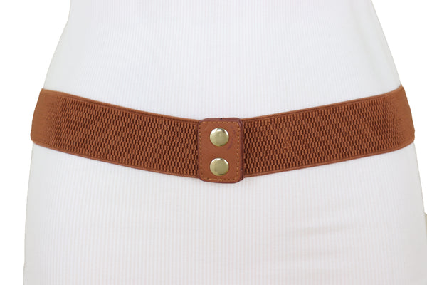 Brand New Women Brown Elastic Band Belt Gold Metal Greek Coin Medallion Charm Fit Size S M