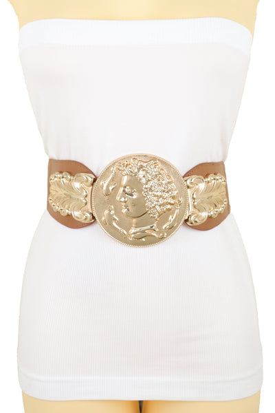 Brand New Women Brown Wide Elastic Fashion Belt Hip Waist Gold Metal Greek Coin Buckle S M
