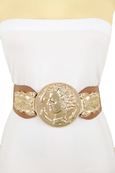 Brand New Women Brown Wide Elastic Fashion Belt Hip Waist Gold Metal Greek Coin Buckle S M