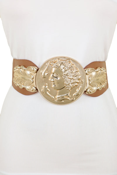 Brand New Women Brown Wide Elastic Fashion Belt Hip Waist Gold Metal Greek Coin Buckle S M