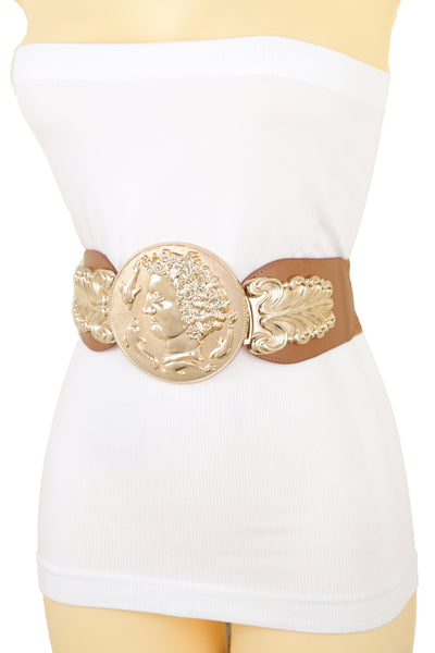 Brand New Women Brown Wide Elastic Fashion Belt Hip Waist Gold Metal Greek Coin Buckle S M
