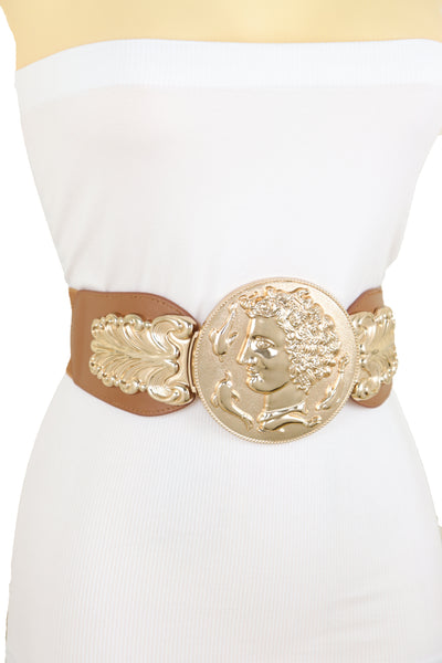 Brand New Women Brown Wide Elastic Fashion Belt Hip Waist Gold Metal Greek Coin Buckle S M