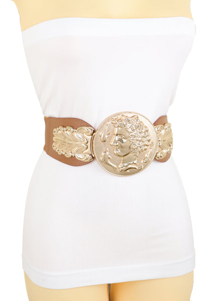 Brand New Women Brown Wide Elastic Fashion Belt Hip Waist Gold Metal Greek Coin Buckle S M