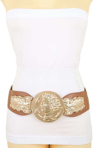 Brand New Women Brown Wide Elastic Fashion Belt Hip Waist Gold Metal Greek Coin Buckle S M