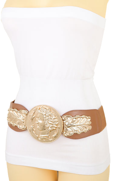Brand New Women Brown Wide Elastic Fashion Belt Hip Waist Gold Metal Greek Coin Buckle S M