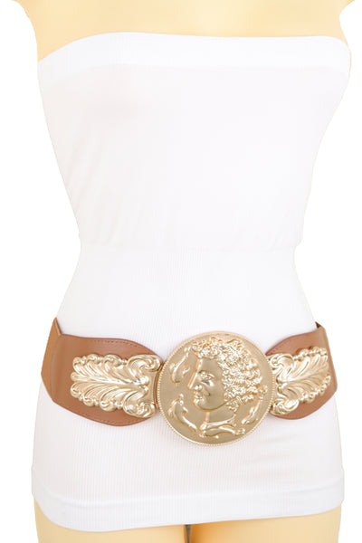 Brand New Women Brown Wide Elastic Fashion Belt Hip Waist Gold Metal Greek Coin Buckle S M