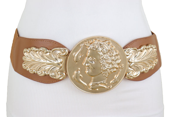 Brand New Women Brown Wide Elastic Fashion Belt Hip Waist Gold Metal Greek Coin Buckle S M
