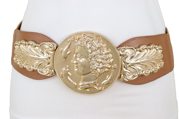 Brand New Women Brown Wide Elastic Fashion Belt Hip Waist Gold Metal Greek Coin Buckle S M