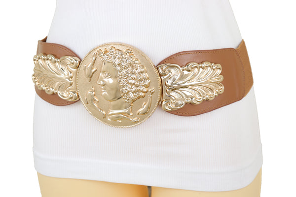 Brand New Women Brown Wide Elastic Fashion Belt Hip Waist Gold Metal Greek Coin Buckle S M