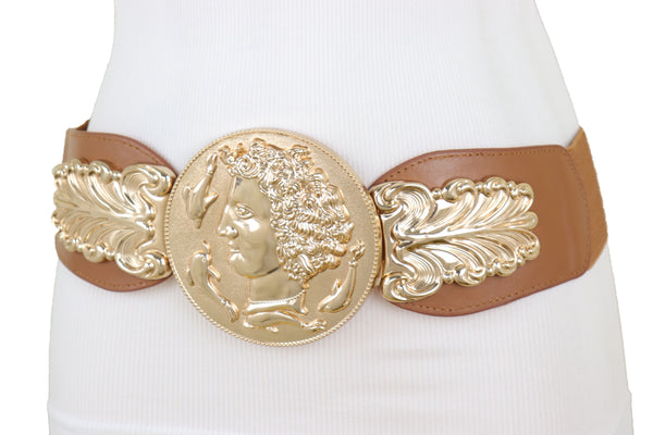 Brand New Women Brown Wide Elastic Fashion Belt Hip Waist Gold Metal Greek Coin Buckle S M