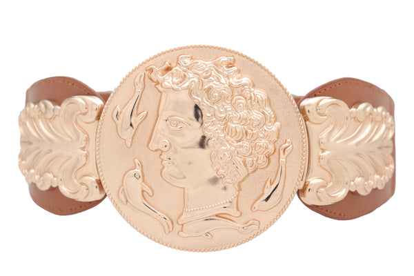 Brand New Women Brown Wide Elastic Fashion Belt Hip Waist Gold Metal Greek Coin Buckle S M