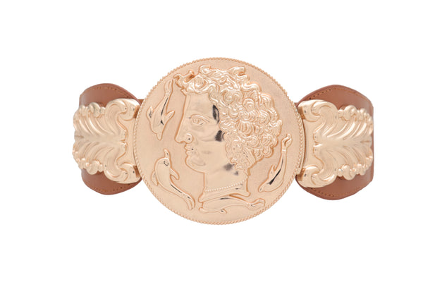 Brand New Women Brown Wide Elastic Fashion Belt Hip Waist Gold Metal Greek Coin Buckle S M