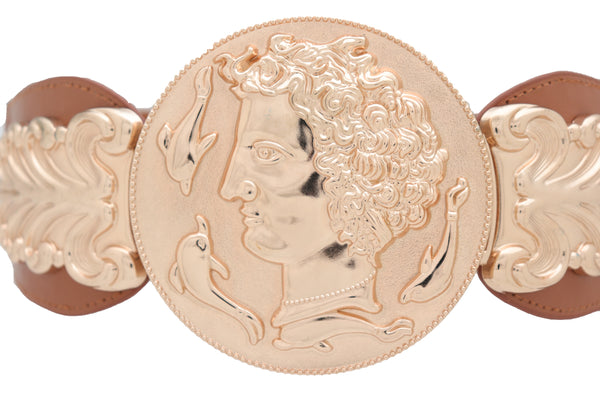 Brand New Women Brown Wide Elastic Fashion Belt Hip Waist Gold Metal Greek Coin Buckle S M