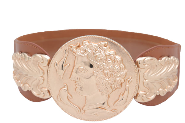 Brand New Women Brown Wide Elastic Fashion Belt Hip Waist Gold Metal Greek Coin Buckle S M