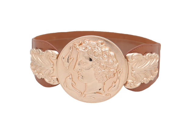 Brand New Women Brown Wide Elastic Fashion Belt Hip Waist Gold Metal Greek Coin Buckle S M