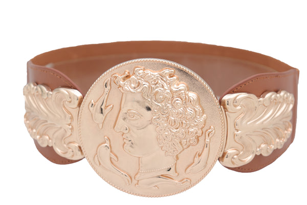 Brand New Women Brown Wide Elastic Fashion Belt Hip Waist Gold Metal Greek Coin Buckle S M