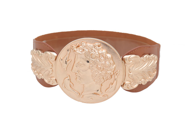 Brand New Women Brown Wide Elastic Fashion Belt Hip Waist Gold Metal Greek Coin Buckle S M