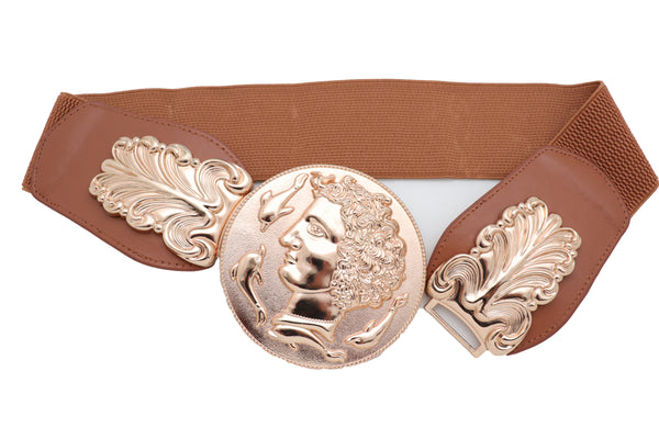 Brand New Women Brown Wide Elastic Fashion Belt Hip Waist Gold Metal Greek Coin Buckle S M