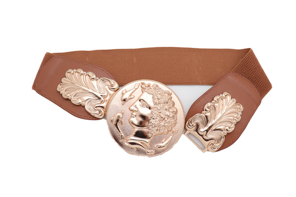 Brand New Women Brown Wide Elastic Fashion Belt Hip Waist Gold Metal Greek Coin Buckle S M