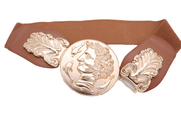 Brand New Women Brown Wide Elastic Fashion Belt Hip Waist Gold Metal Greek Coin Buckle S M