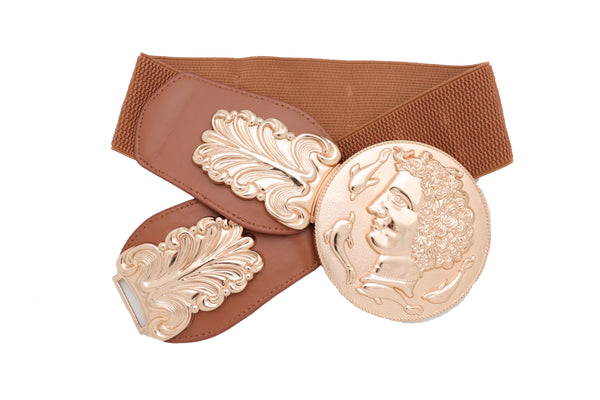 Brand New Women Brown Wide Elastic Fashion Belt Hip Waist Gold Metal Greek Coin Buckle S M