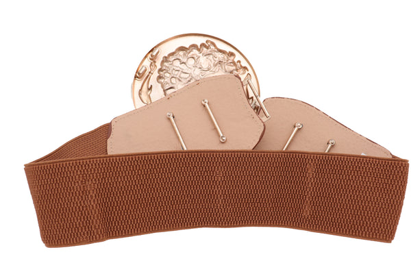 Brand New Women Brown Wide Elastic Fashion Belt Hip Waist Gold Metal Greek Coin Buckle S M