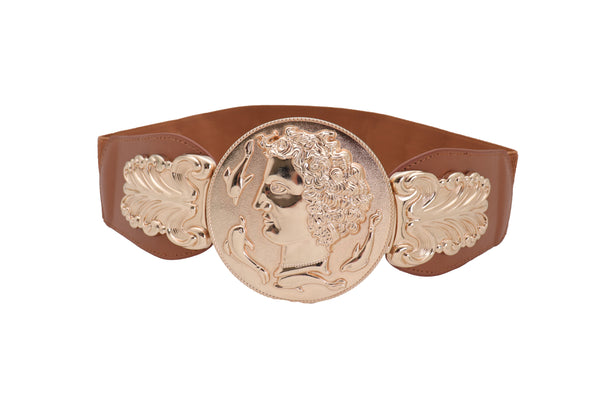 Brand New Women Brown Wide Elastic Fashion Belt Hip Waist Gold Metal Greek Coin Buckle S M