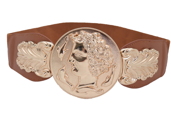 Brand New Women Brown Wide Elastic Fashion Belt Hip Waist Gold Metal Greek Coin Buckle S M