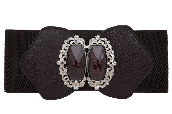 Brand New Women Brown Elastic Waistband Wide Belt Hip Waist Silver Bling Buckle Size S M