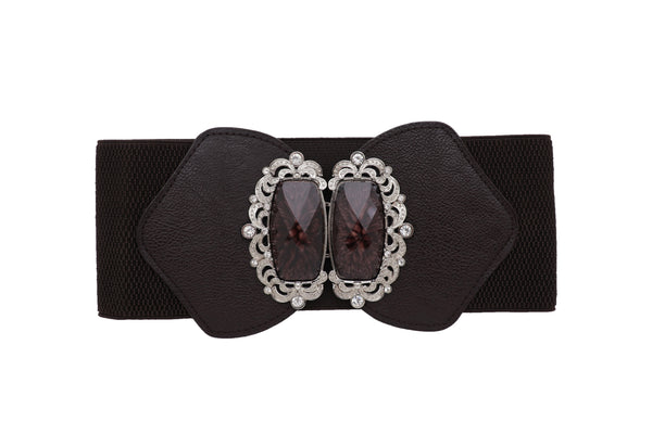 Brand New Women Brown Elastic Waistband Wide Belt Hip Waist Silver Bling Buckle Size S M