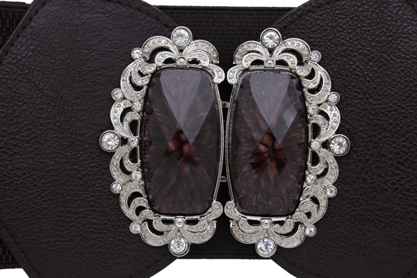Brand New Women Brown Elastic Waistband Wide Belt Hip Waist Silver Bling Buckle Size S M
