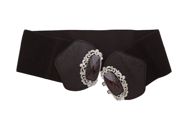 Brand New Women Brown Elastic Waistband Wide Belt Hip Waist Silver Bling Buckle Size S M