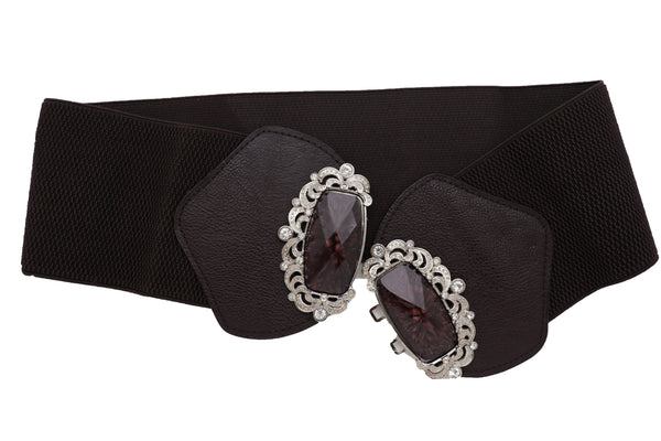 Brand New Women Brown Elastic Waistband Wide Belt Hip Waist Silver Bling Buckle Size S M