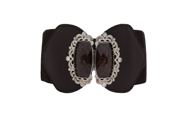 Brand New Women Brown Elastic Waistband Wide Belt Hip Waist Silver Bling Buckle Size S M