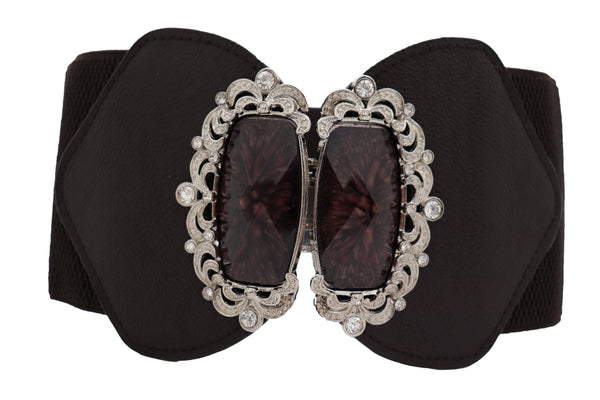 Brand New Women Brown Elastic Waistband Wide Belt Hip Waist Silver Bling Buckle Size S M