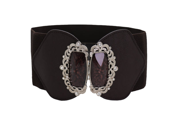 Brand New Women Brown Elastic Waistband Wide Belt Hip Waist Silver Bling Buckle Size S M