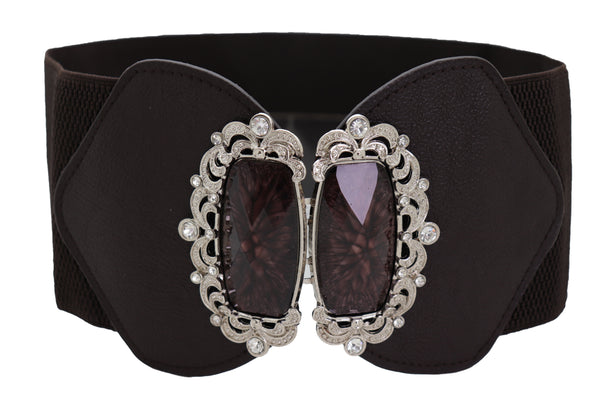 Brand New Women Brown Elastic Waistband Wide Belt Hip Waist Silver Bling Buckle Size S M