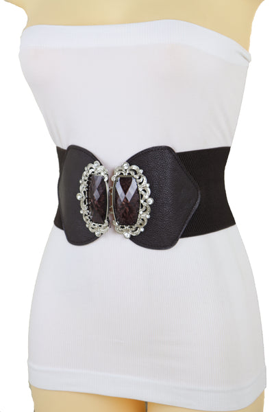 Brand New Women Brown Elastic Waistband Wide Belt Hip Waist Silver Bling Buckle Size S M