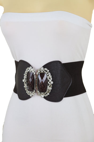 Brand New Women Brown Elastic Waistband Wide Belt Hip Waist Silver Bling Buckle Size S M