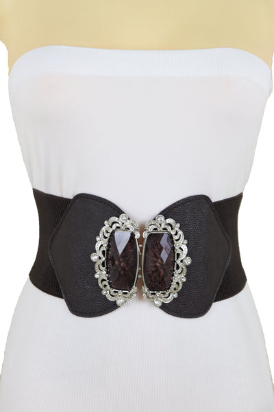 Brand New Women Brown Elastic Waistband Wide Belt Hip Waist Silver Bling Buckle Size S M