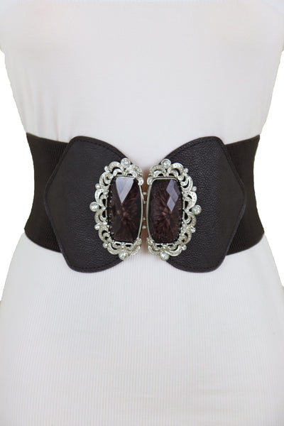 Brand New Women Brown Elastic Waistband Wide Belt Hip Waist Silver Bling Buckle Size S M