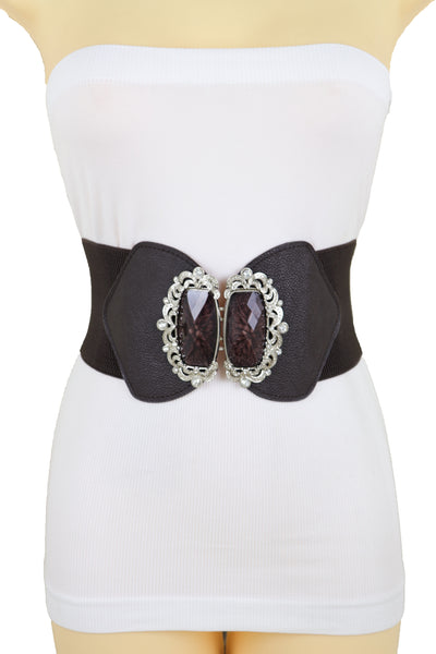 Brand New Women Brown Elastic Waistband Wide Belt Hip Waist Silver Bling Buckle Size S M