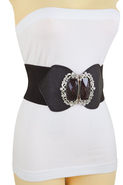 Brand New Women Brown Elastic Waistband Wide Belt Hip Waist Silver Bling Buckle Size S M